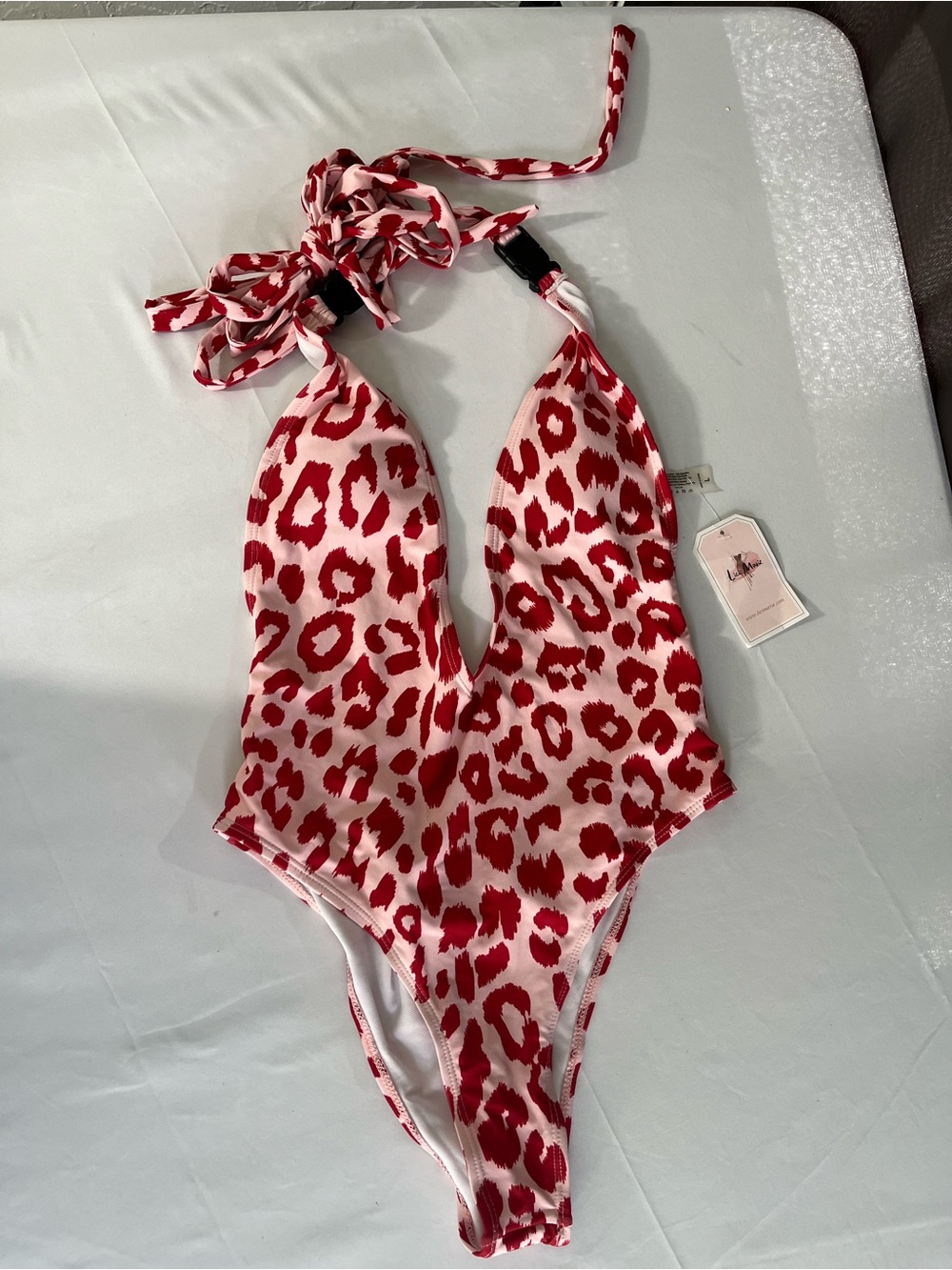 Lici Marie Pink Red‎ Leopard Print Halter One Piece Swimsuit Size Large NWT